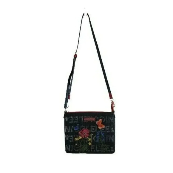 NICOLE LEE CROSS BODY BAG ADJUSTABLE STRAP embroidered flowers  black & Red - Picture 2 of 12